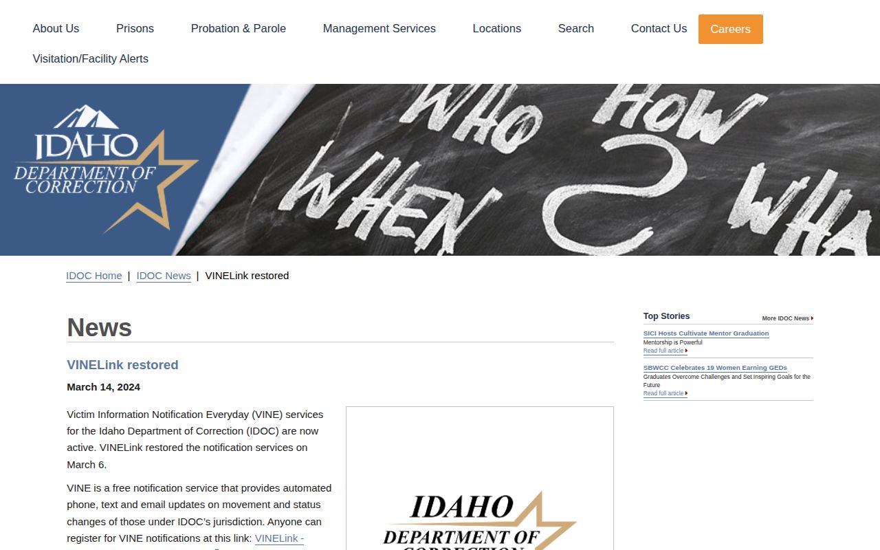 Idaho VINELink registration information for Benewah County release alerts