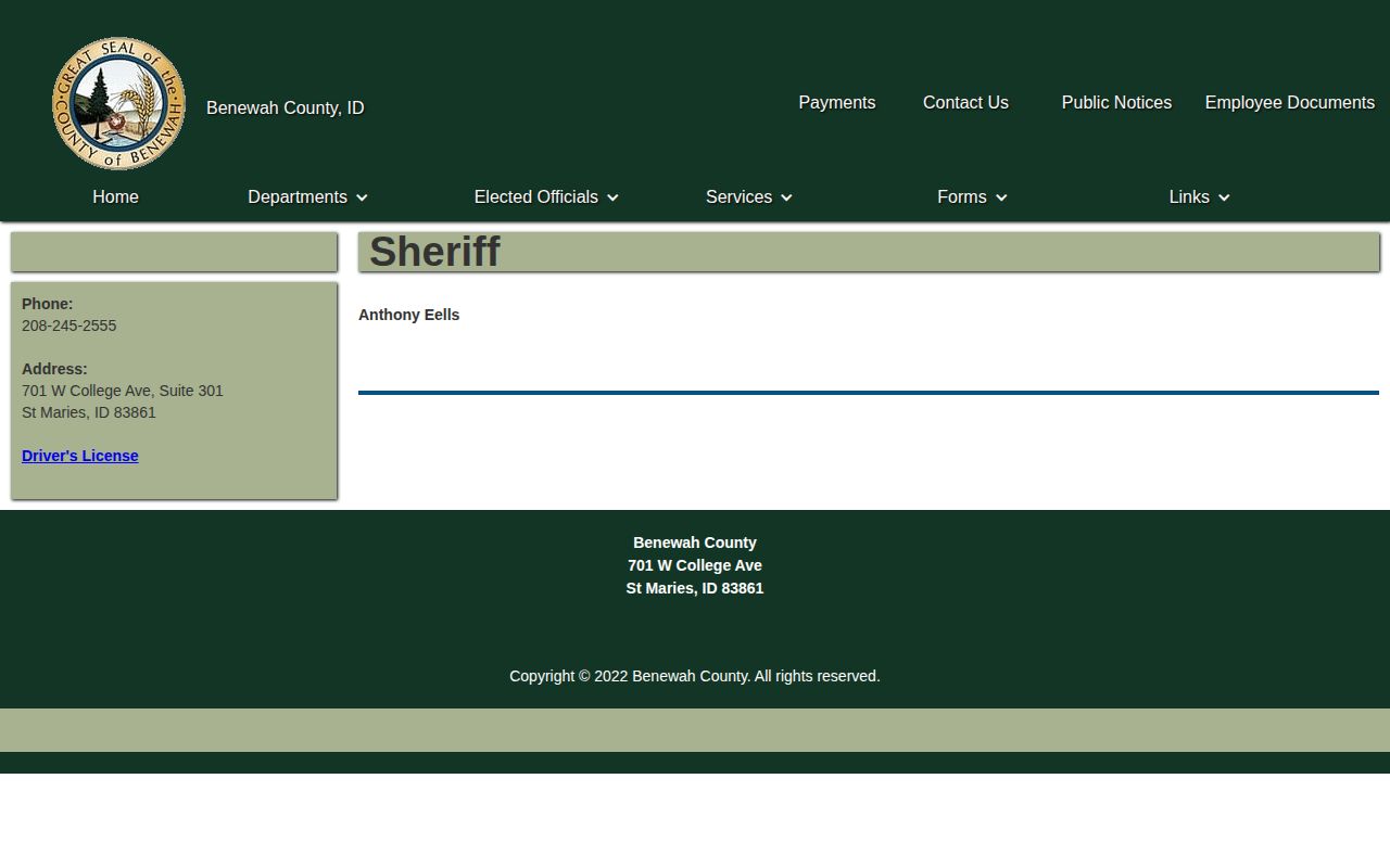 Benewah County Jail release contact on the sheriff page
