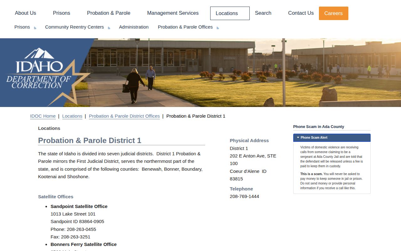 Idaho Department of Correction District 1 probation and parole office page