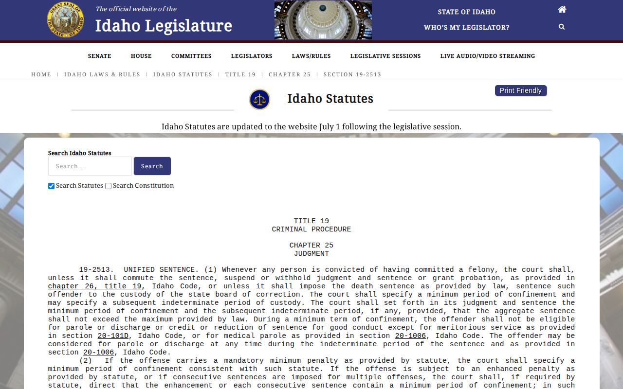 Idaho Code fixed and indeterminate sentencing statute for projected release dates